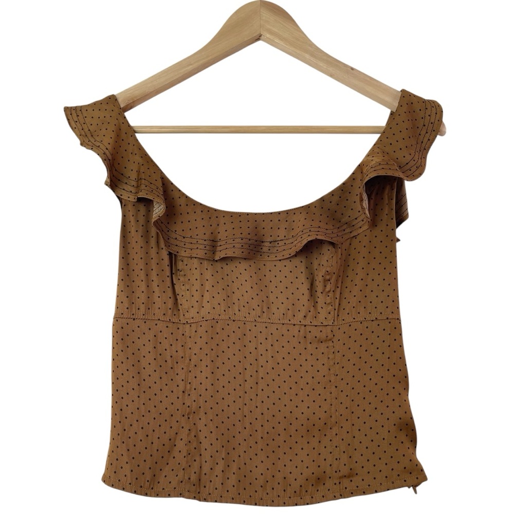 Free People Stay With You Tan Brown Smocked Polka Dot Cami Tank Top Size Small